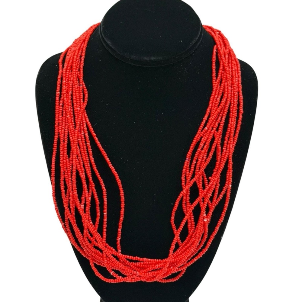 Vintage 13 Multi-Strand Red Seed Bead Fashion Boho Statement Necklace 26"